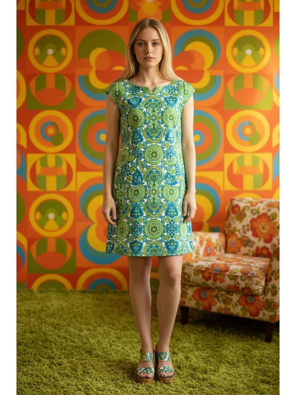 Dressbarn Sz 8 Cap Sleeve Sheath Dress Patch Pockets Groovy Mod Print Green Blue